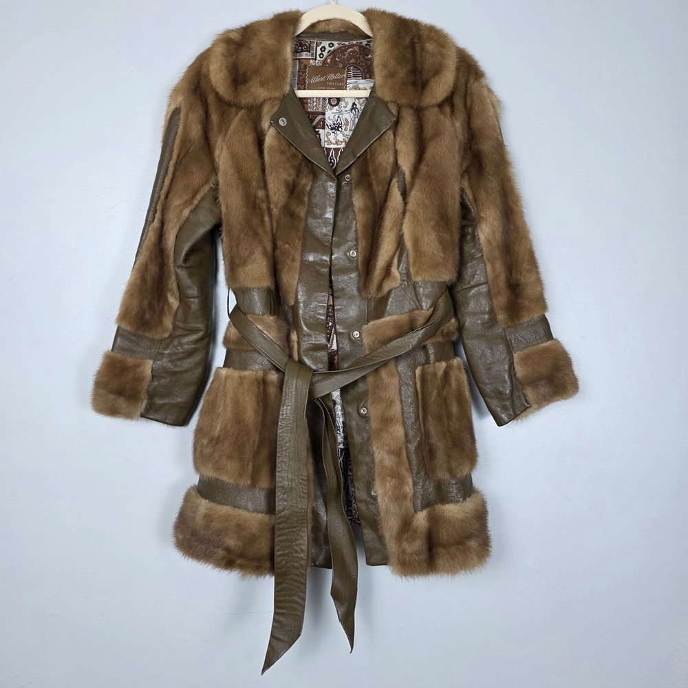 Vintage 70s Albert Meltzer New York Mink Fur & Leather Belted Coat Boho